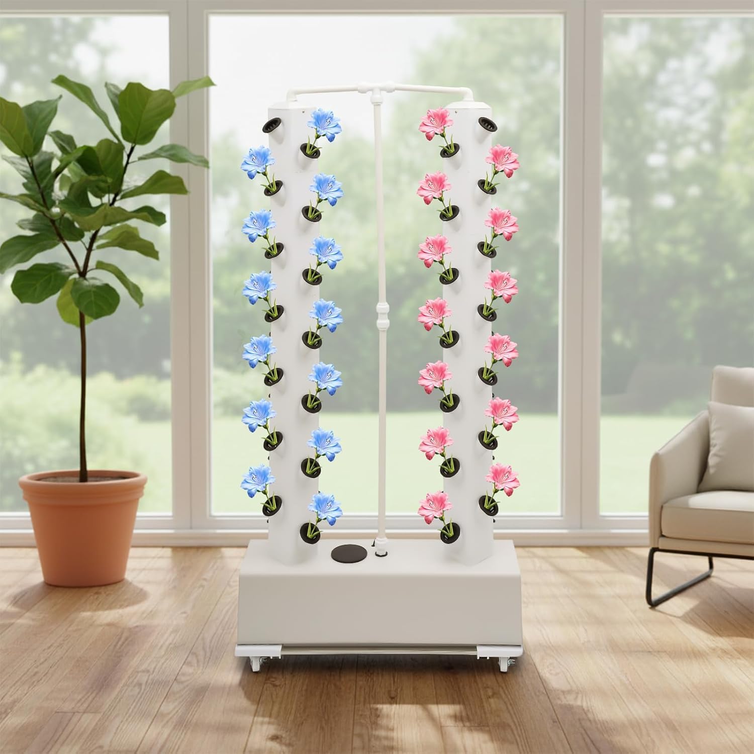 Kit de cultivo hidropónico vertical sistema torre hidropónico, 56 agujeros 30 L, tanque de agua, plantación con ruedas y bomba de agua, para cultivo de tomates, pepinos, fresas, pimientos