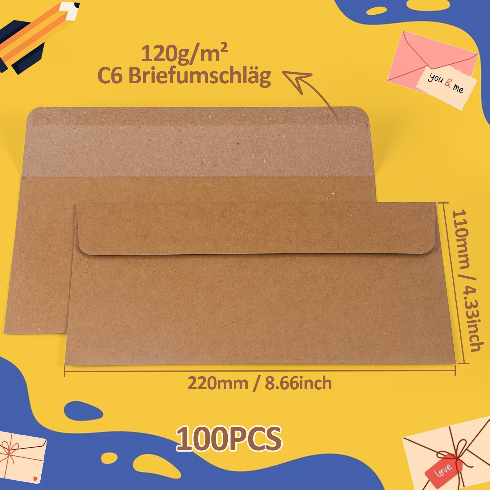 moinkerin 100 sztuk kopert bez okienka DIN podłużne | 220 x 110 mm, 120 g/m², brązowe, koperty klejone na mokro | do samodzielnego wykonania zaproszeń, na wesele, urodziny, życzenia świąteczne