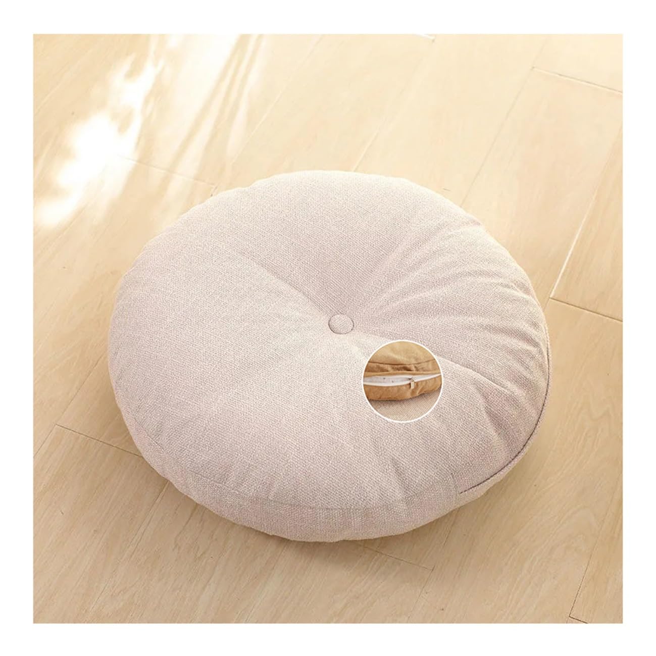Coussin de siège rond lavable en lin doux beige de 70cm