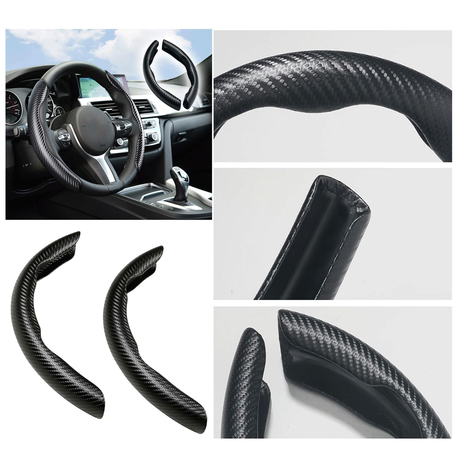 Coprivolante Auto,2 Pezzi Copri Volante Universale Auto,36-40cm Fibra Carbonio Antiscivolo Ultraleggero,Confortevole Coprivolante Segmentato Carbonio,per la Maggior parte delle Auto(Nero)