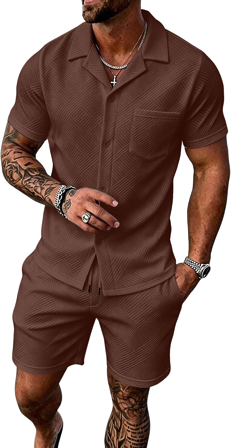 UOUA Mens Short Sets 2 Piece Summer Outfits Jacquard Short Sleeve Button Down Shirt and Shorts Set