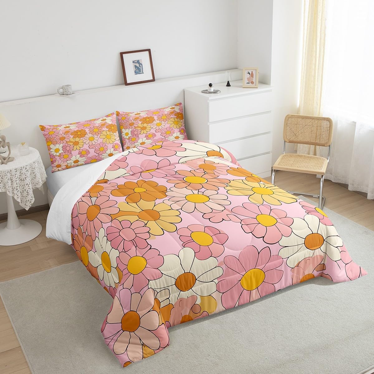 60s 70s Groovy Flower Comforter Set Full,Hippie Funky Flower Quilt for Kids Boys Girls,Rainbow Vintage Floral Bedding Set,Bohemia Cartoon Botanical Florals Down Comforter with 2 Pillowcases