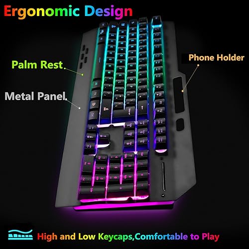 Miniatura 5 de Teclado y mouse inalámbricos RGB retroiluminados para juegos, recargable, batería de larga duración, teclado de tacto mecánico con reposamanos,