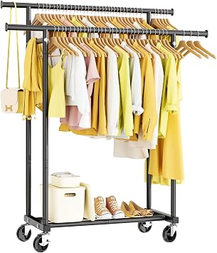 HYSEYY Clothes Rack, Clothing Rack for Hanging Clothes, Rolling Garment Rack Sturdy Coat Rack Portable Wardrobe Rack Metal Closet Rack for Bedroom Laundry Living Room, Black