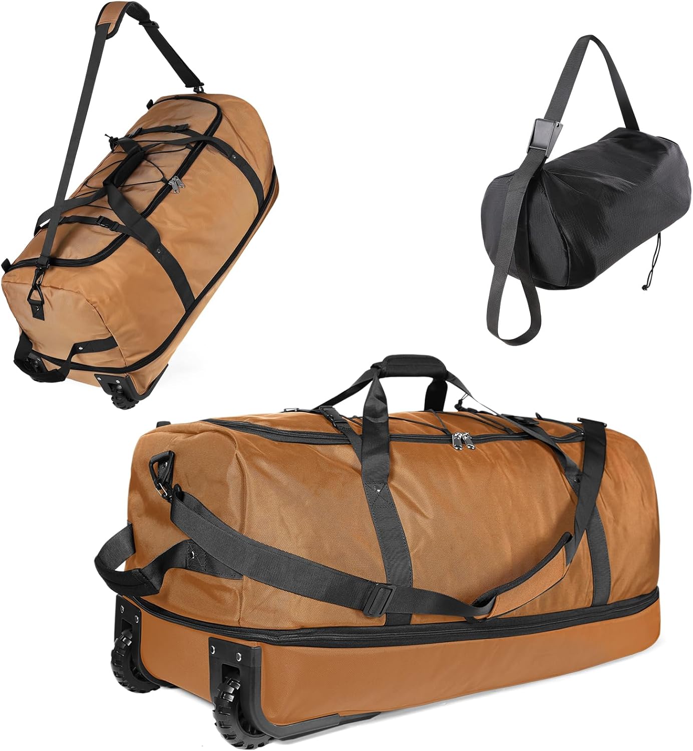 32" Soft-Sided Foldable Wheeled Duffle Bag, 110L Expandable 140L Rolling Travel Bag with Matching Storage Pouch, Updated Brown