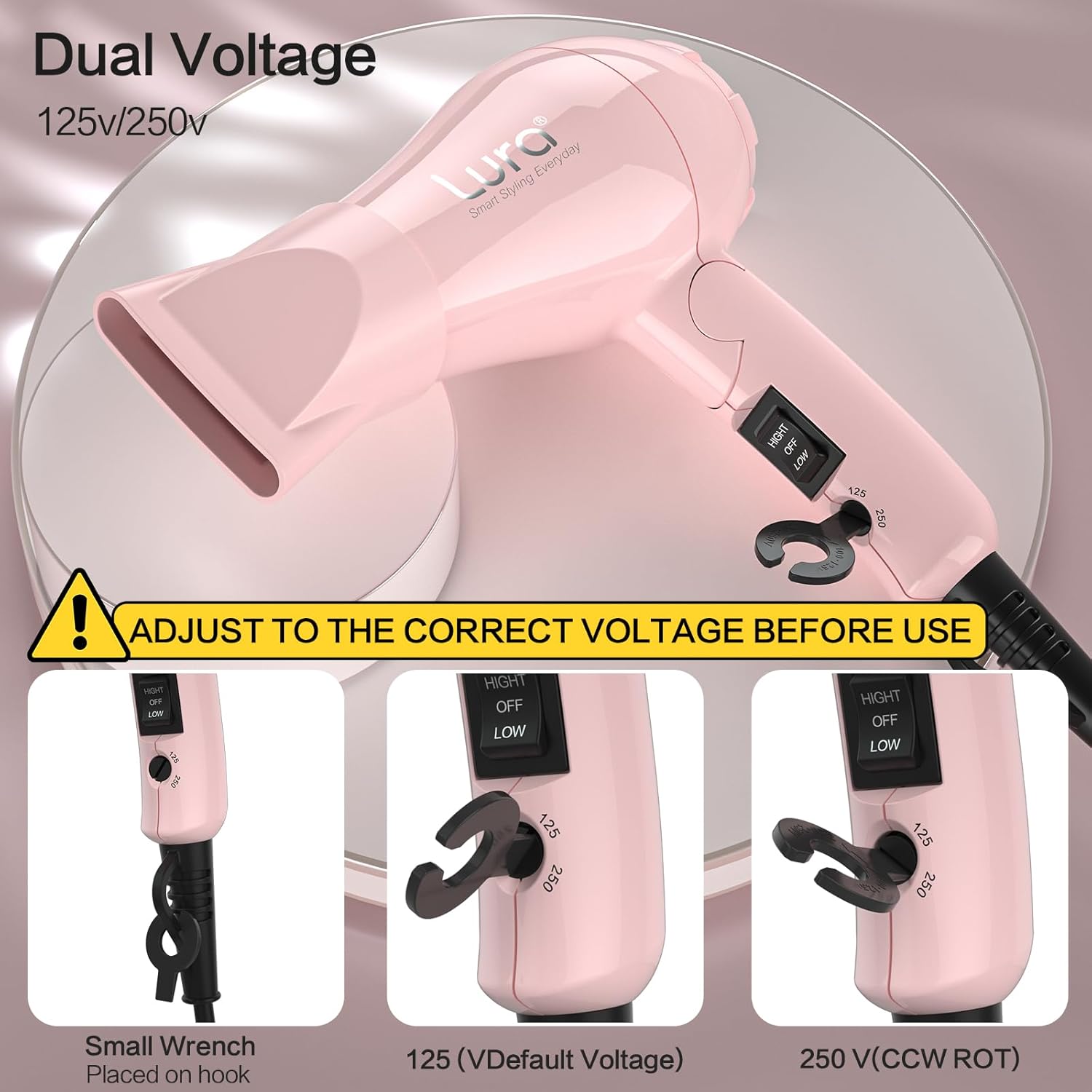 Foldable Travel Hair Dreyr Mini:Dual Voltage Small Lightweight Blow Dryer for International Travel,1200w Compact Hairdryer with Concentrator and Travel Bag(Light Pink) - Image 3