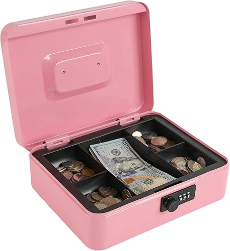 xydled Caja fuerte de acero con cerradura de combinación, caja fuerte para dinero con bandeja extraíble para monedas, grande, 9.84 x 7.87 x 3.54