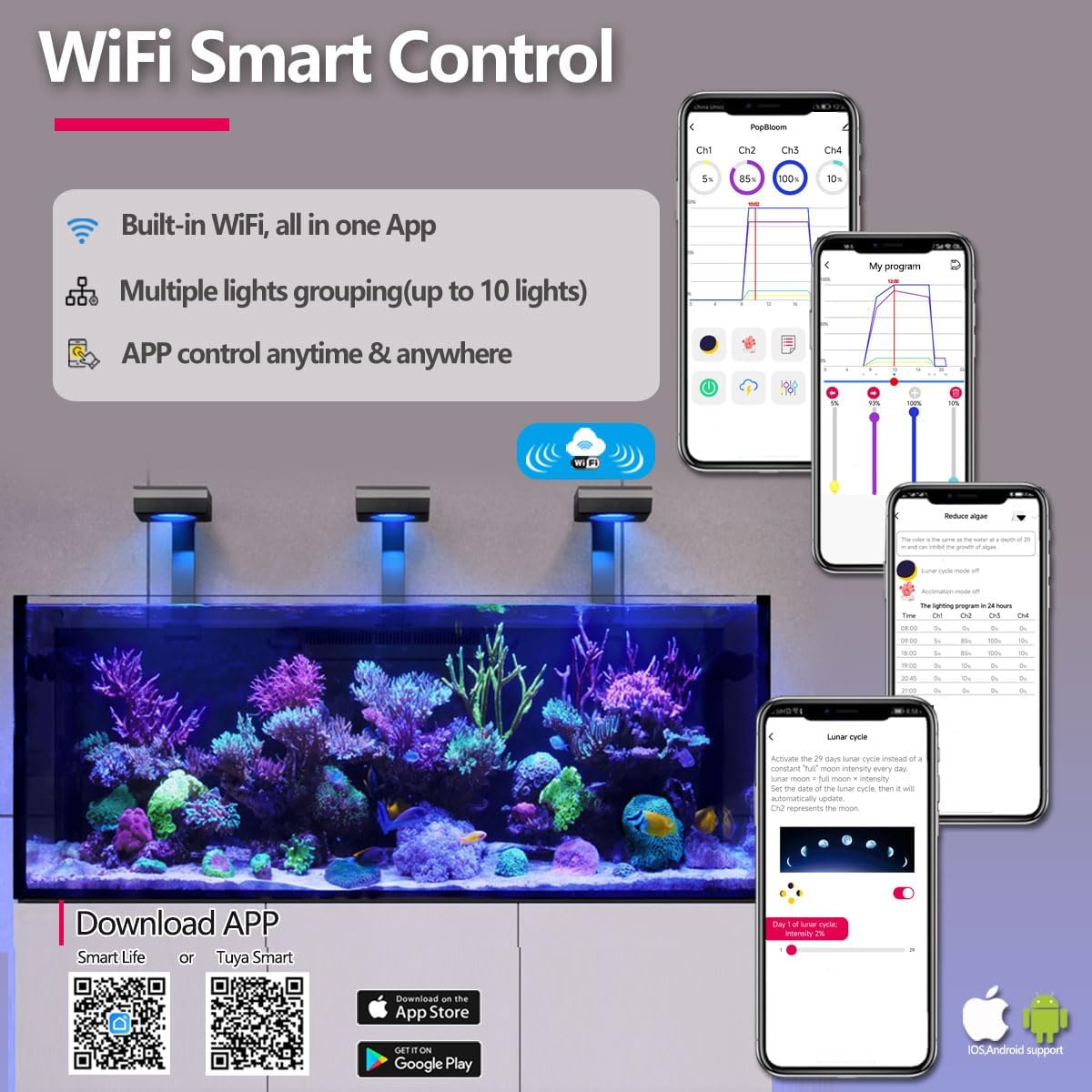 PopBloom RL90 WiFi Reef LED Aquarium Light 100W, Reef Aquarium Lighting for Marine SPS LPS Corals Saltwater Fish Tanks, APP Fully Programmable (2 Lights with Arm kit)