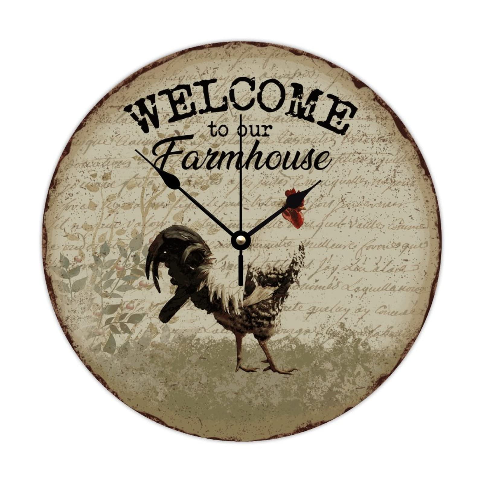 Horloge murale en bois avec coq style ferme rustique de 38 cm de diamètre
