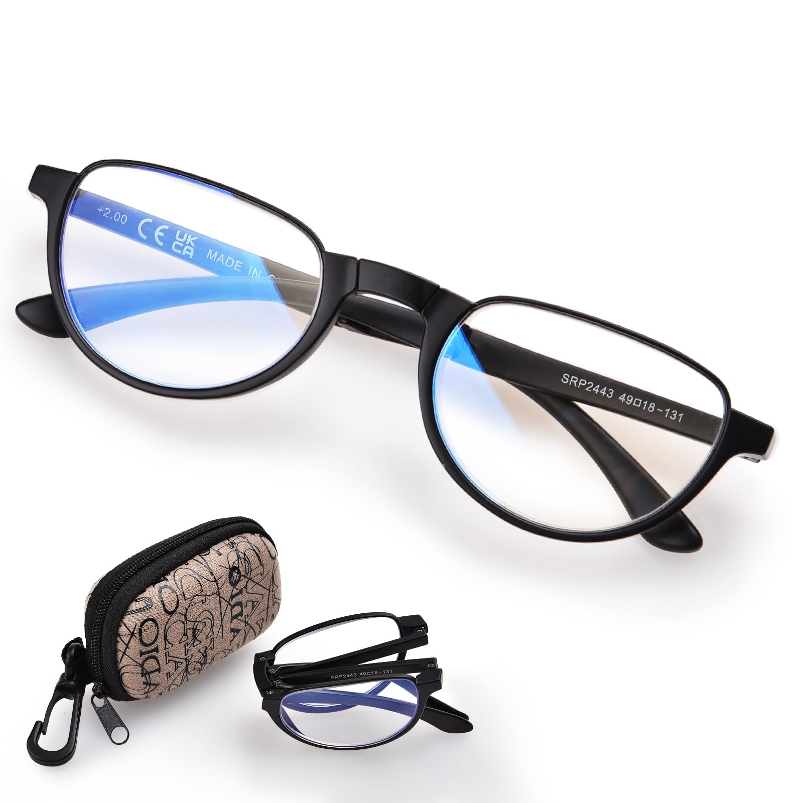 ZESAKER Folding Reading Glasses for Women Men, Portable Blue Light Blocking Readers Compact Reading Eyeglasses with Zipper Case (Black, 2.0)