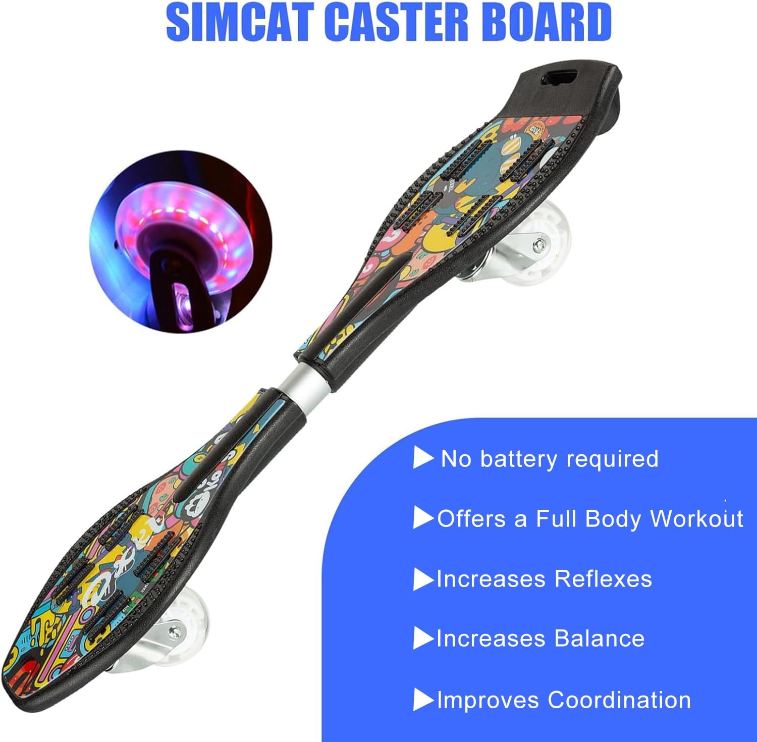 Simcat Caster Board, Skateboard with 360-degree Casters and Illuminating Wheels, Lightweight Durable Twistboard for Kids, Teenagers and Adults