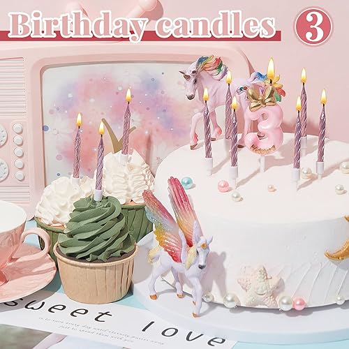 Miniatura 7 de BBTO Vela de cumpleaños número 3 rosa con 10 velas rosadas largas y delgadas para cupcakes en soportes para decoración de tartas, suministros de