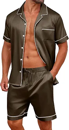 Vssjavun Mens Satin Silk Pajamas Sets Short Sleeve Button-Down Sleepwear Two Piece Loungewear with Pockets