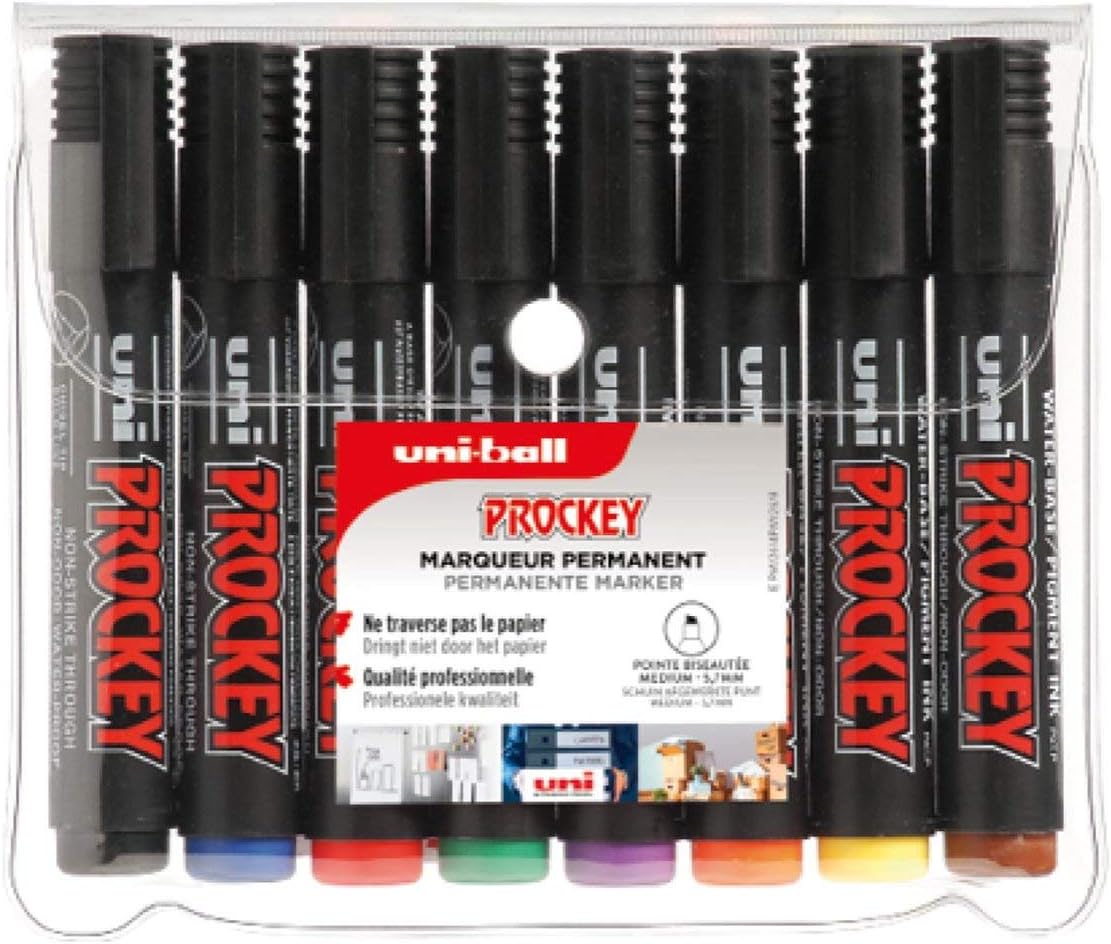Uni Ball - Uni Mitsubishi Pencil - Permanent Marker - Odourless Uni Prockey PM126 - Water-Based, Alcohol-Free - Wide Chisel Tip 5.7 mm - Pack of 8 Assorted Colours