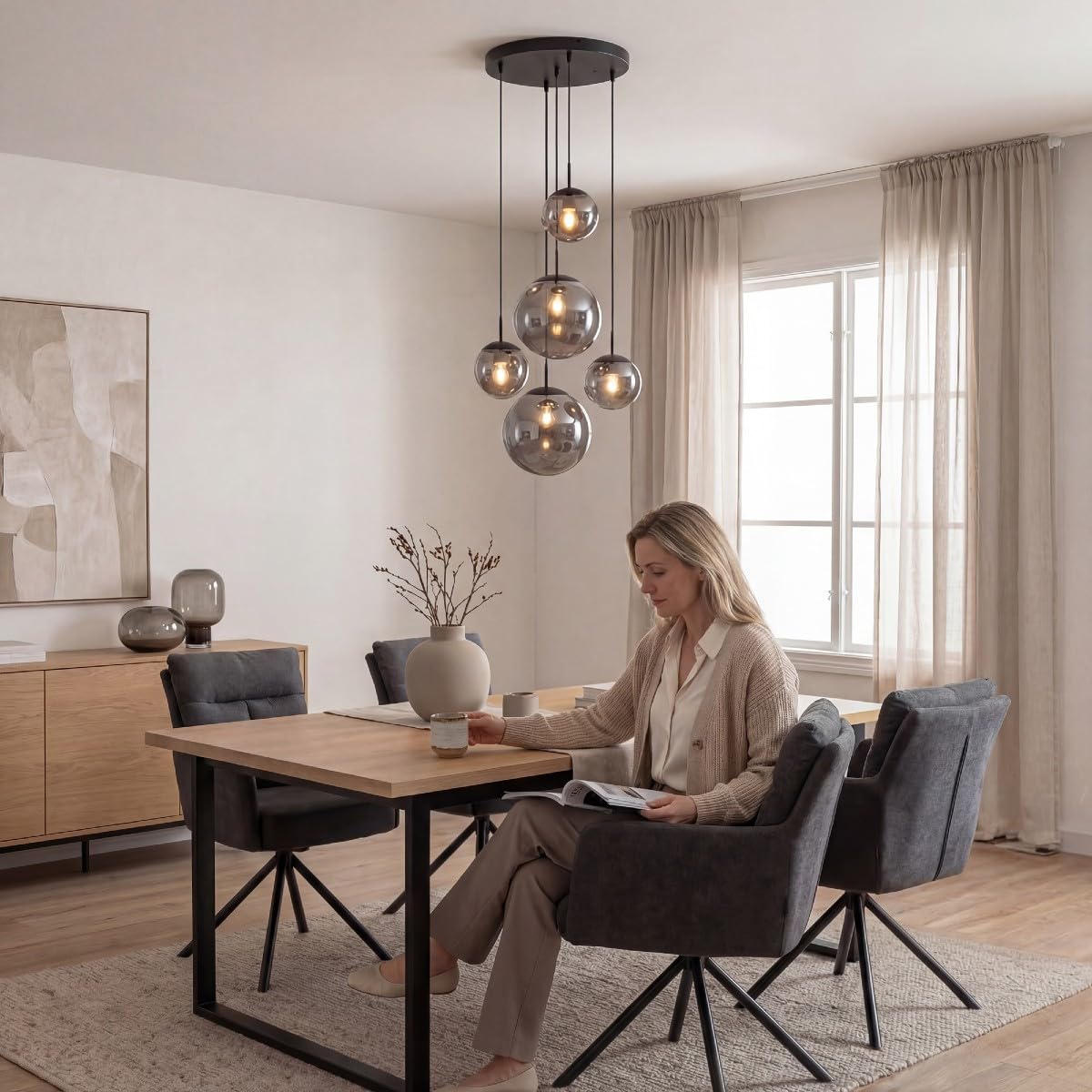 Pendelleuchte Vetro, Glas Hängelampe 5-flammig, rund, Schwarz | Modern, bis 320 cm höhenverstellbar, Esszimmer, Wohnzimmer, Treppenhaus, Ø 38 cm, Rauchglas, Cluster, Leuchtmittel inklusive