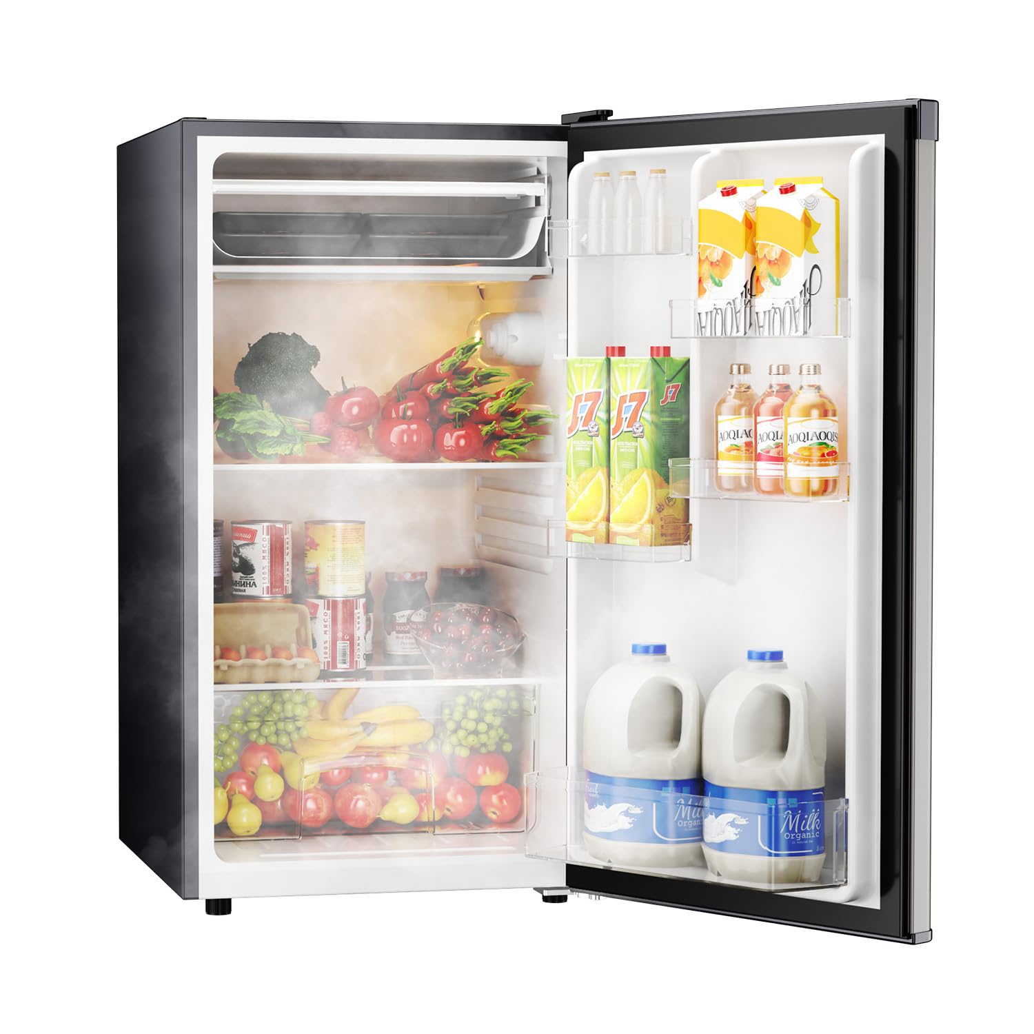 Upstreman 4.4 Cu.Ft Mini Fridge with Freezer, Single Door Mini Refrigerator for Bedroom, Extra Large Capacity, Energy-efficient, Small fridge for Office, Dorm, Kitchen, Stainless-BR44