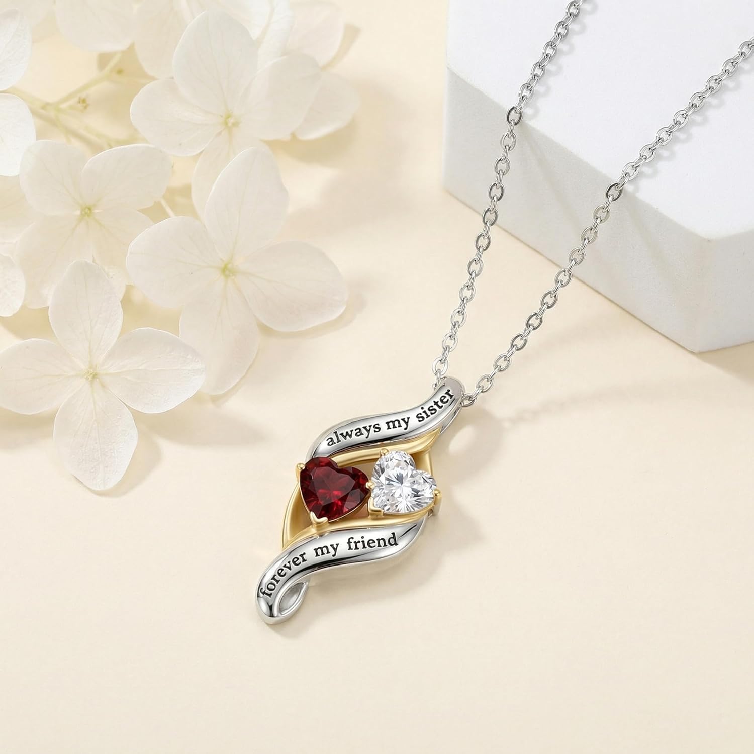 CRMAD Sister Necklace for Women Double Birthston Pendant Always My Sisters Forever My Friend Jewelry Anniversary Birthday Christmas Gifts for Her Sister - Image 2