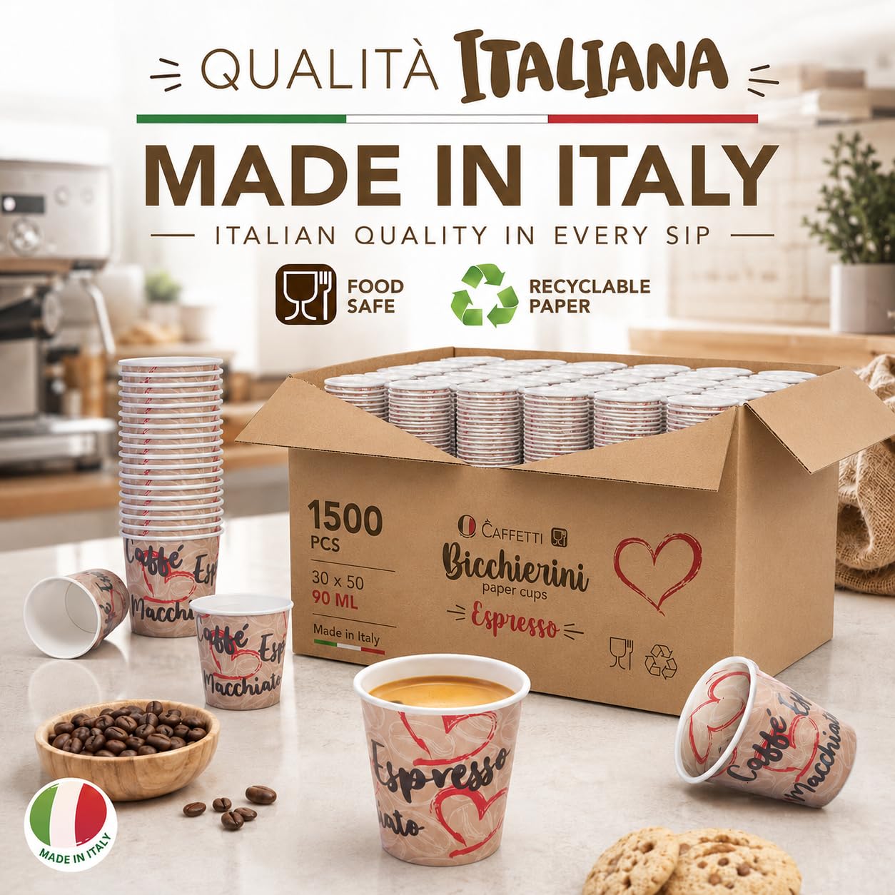 Caffetti 1500 Bicchierini Caffè Carta 90 ml Made in Italy, 30 Stecche da 50 Bicchieri Monouso per Espresso, Tazzine Usa e Getta per Bar, B&B, Ufficio, Asporto, Bevande Calde, Tema Cuore