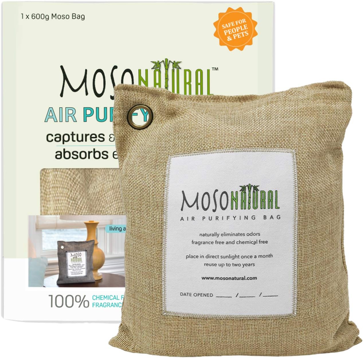 MOSO NATURAL Air Purifying Bag 500g Natural Color Naturally Removes Odors, Allergens and Harmful Pollutants. Prevents Mold and Bacteria By Absorbing Excess Moisture. Long Lasting|Lasts up to 2 years!