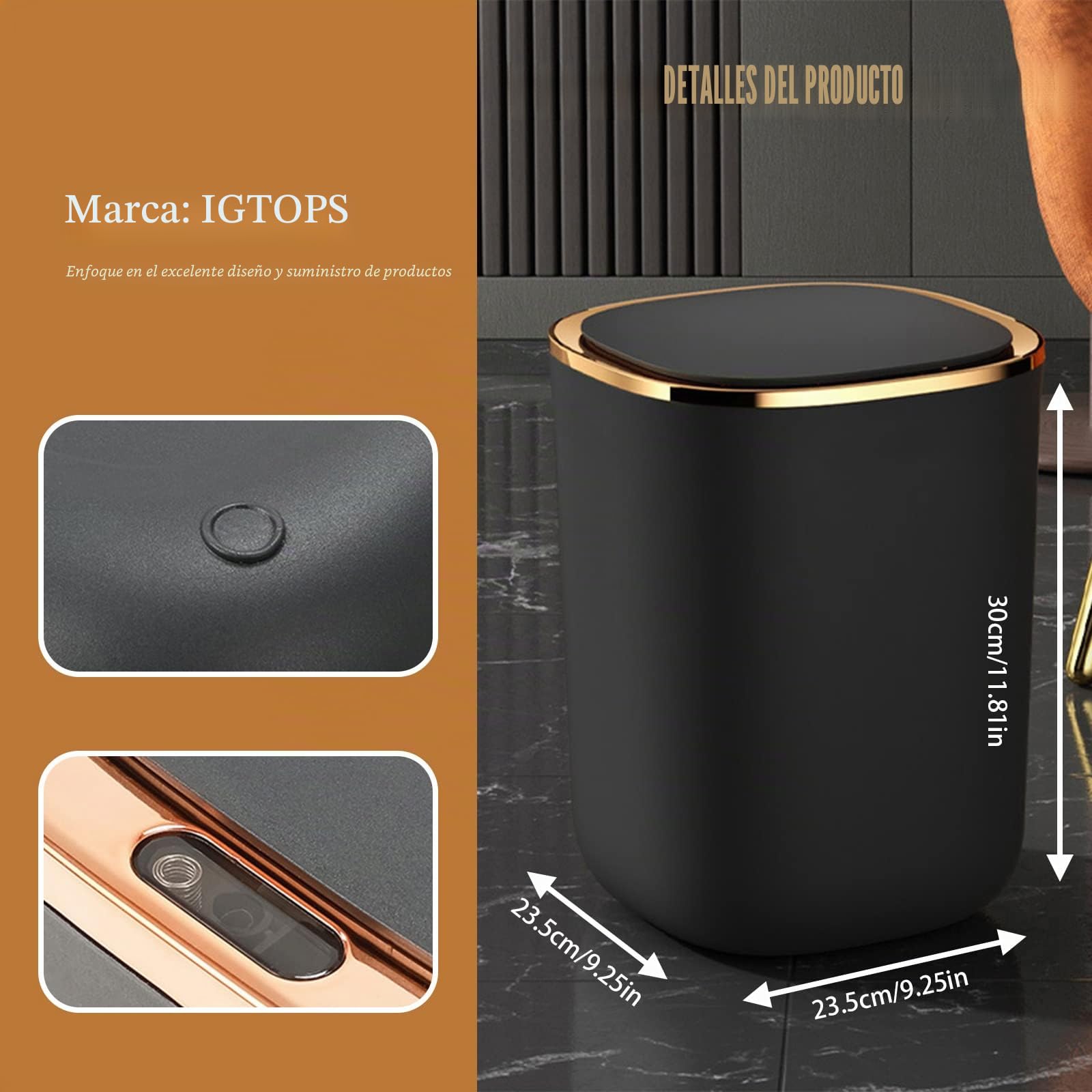 Cubo de basura con sensor, automático, con sensor inteligente, 12 l, sin contacto, para cocina, residuos orgánicos, residuos generales, negro