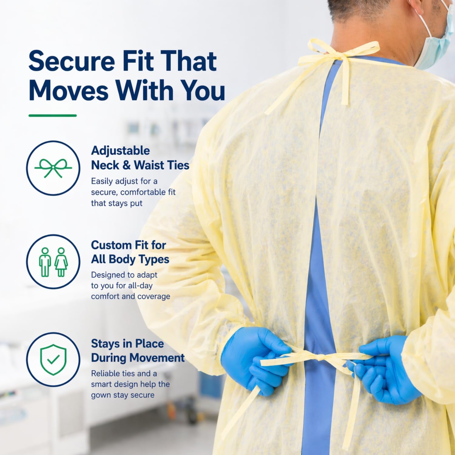 Disposable Isolation Gown 100 Pack 3X-Large Yellow SMS Medical Gowns with Elastic Cuffs, Neck and Waist Ties, Lightweight Breathable Protective Apparel for Hospital Dental Lab Use