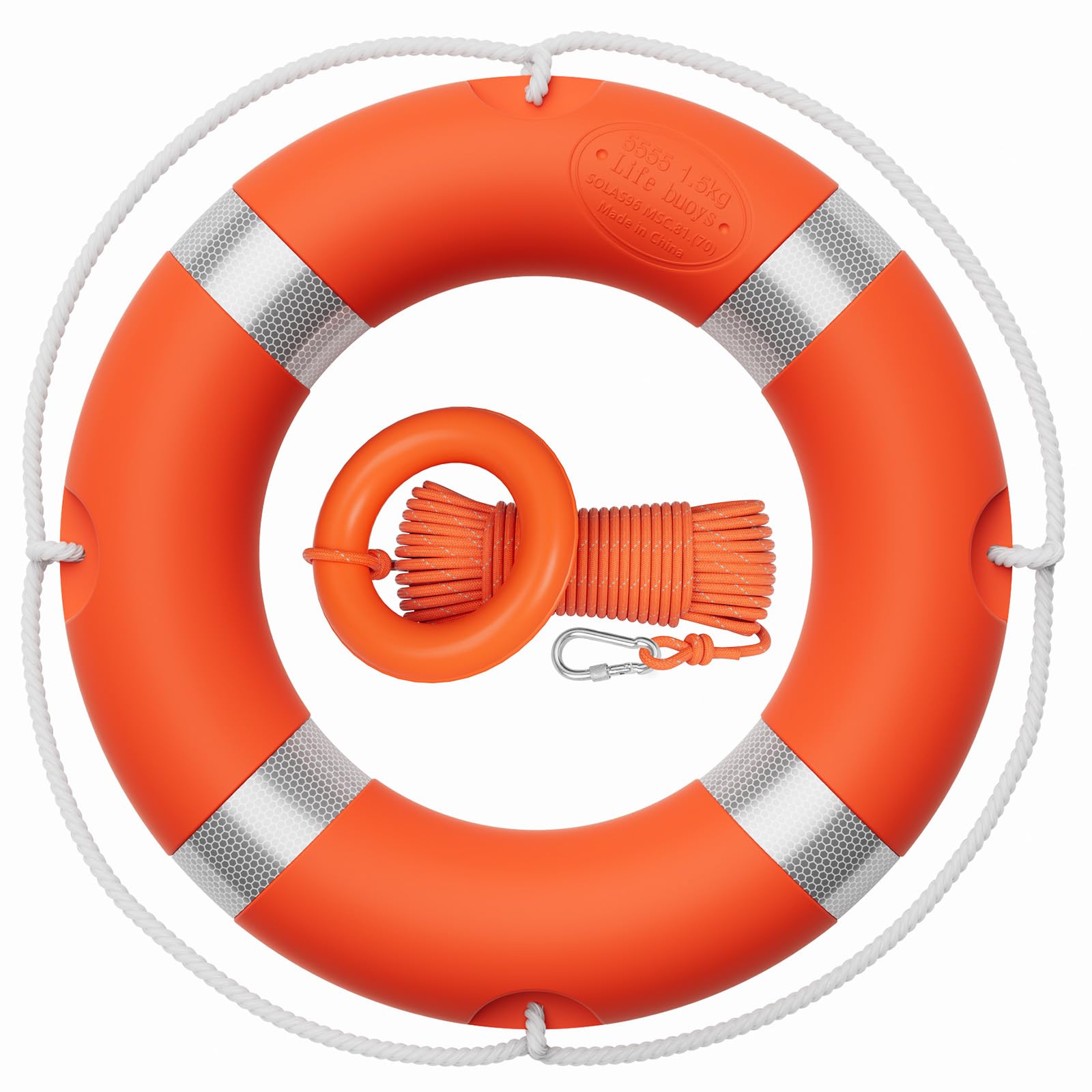 Tresbro 23 inch Boat Safety Throw Ring with Water Floating Lifesaving Rope 50FT Set, 1.5 KG Professional Life Ring and Reflective Strip