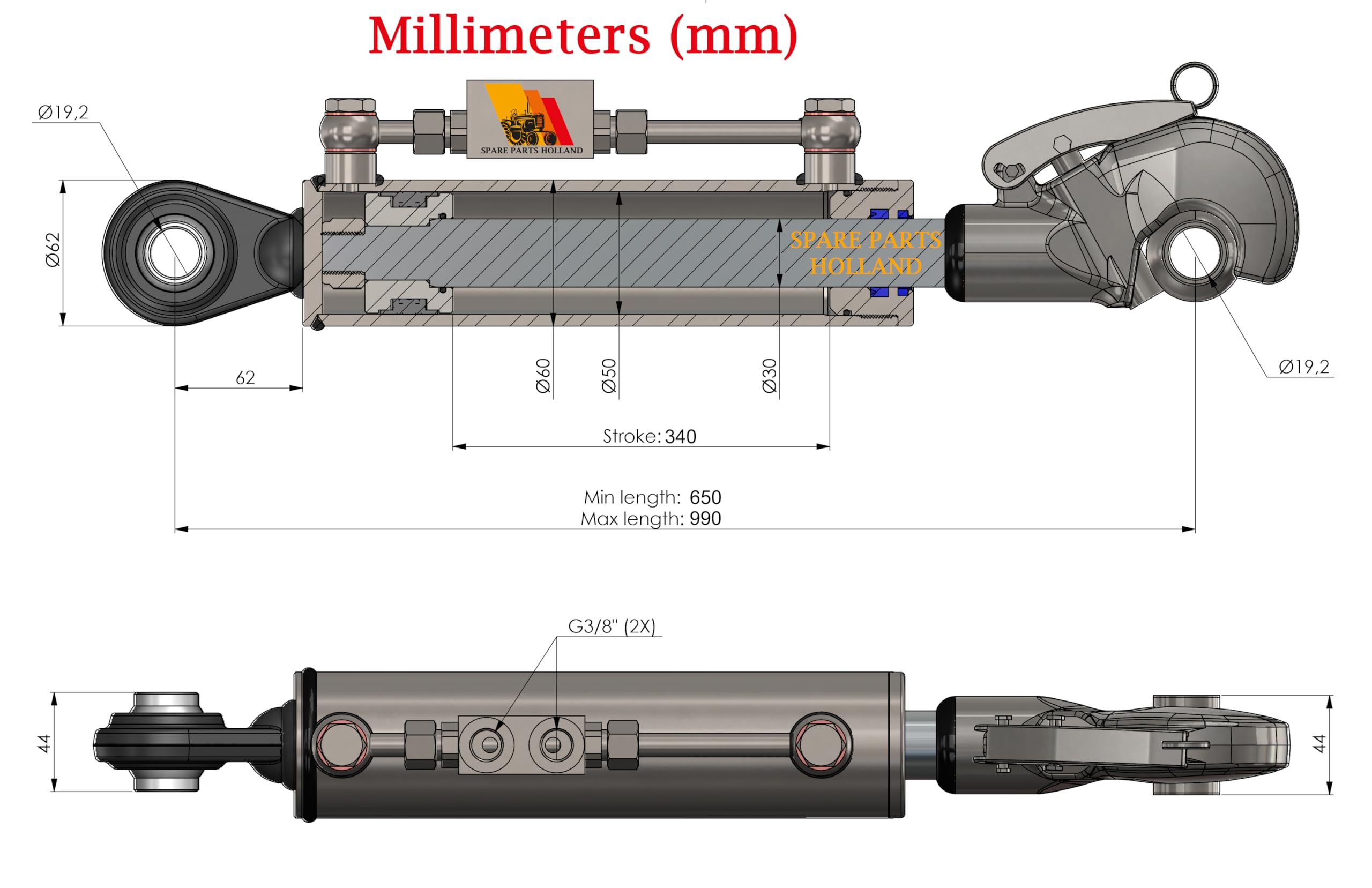 Hydraulische Oberlenker Mit Fanghaken Kat. 1 + 1 | 650–990 mm | + 2x Hyd.Schläuche