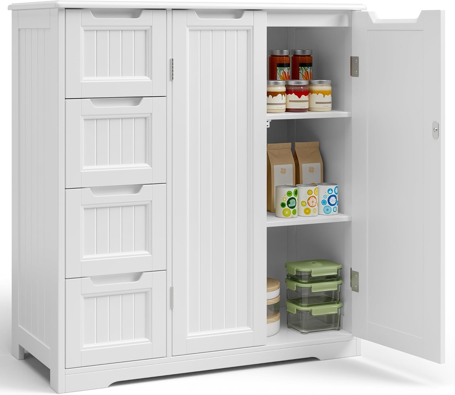 Gizoon Storage Cabinet, White Bathroom Storage Cabinet with 4 Drawers & Double Doors, Adjustable Shelf, Modern Floor Cabinet for Bathroom, Kitchen, Living Room, Entryway, White