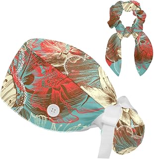 FVQL Set of 2 Bouffant Caps with Hairband Surgical Caps Scrub Cap, Hand Drawn Flower Pattern Vintage