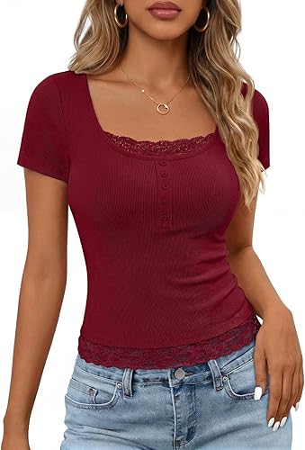 MEROKEETY Women's Short Sleeve Lace Trim Tops 2026 Summer Ribbed Scoop Neck Button T Shirts Going Out Slim Fashion Clothes, WineRed, X-Large