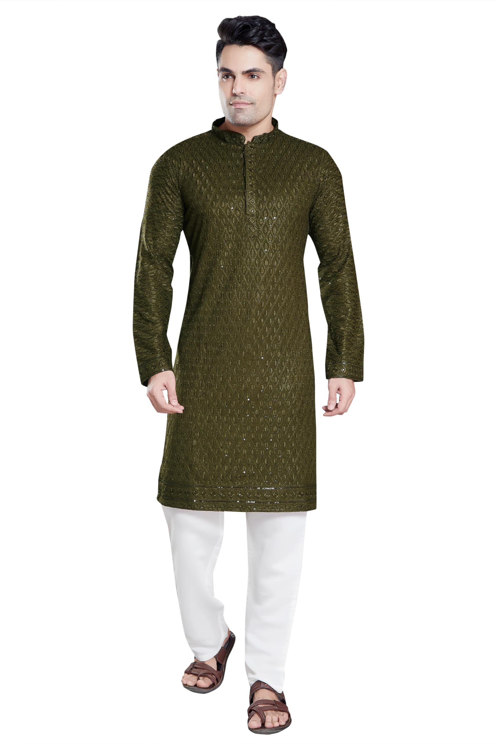 Divisive Men's Sequince Embroidered Cotton Blend Only Slim Fit Kurta (Dkrt118_Xl_Mehendi)