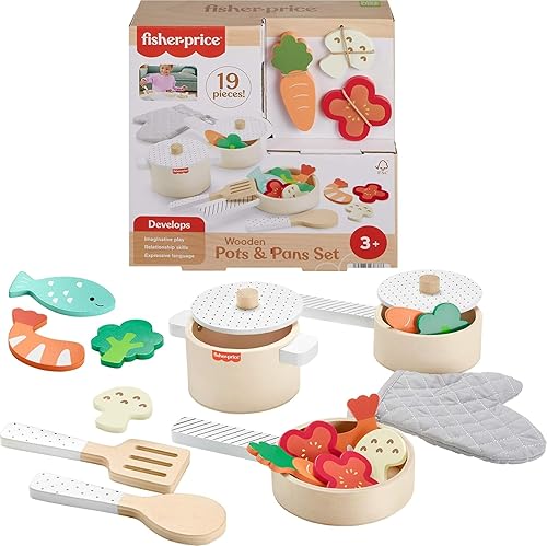 Fisher-Price Juego de ollas y sartenes de juguete de cocina de madera, 19 piezas de madera, metal y tela para niños preescolares a partir de 3 años