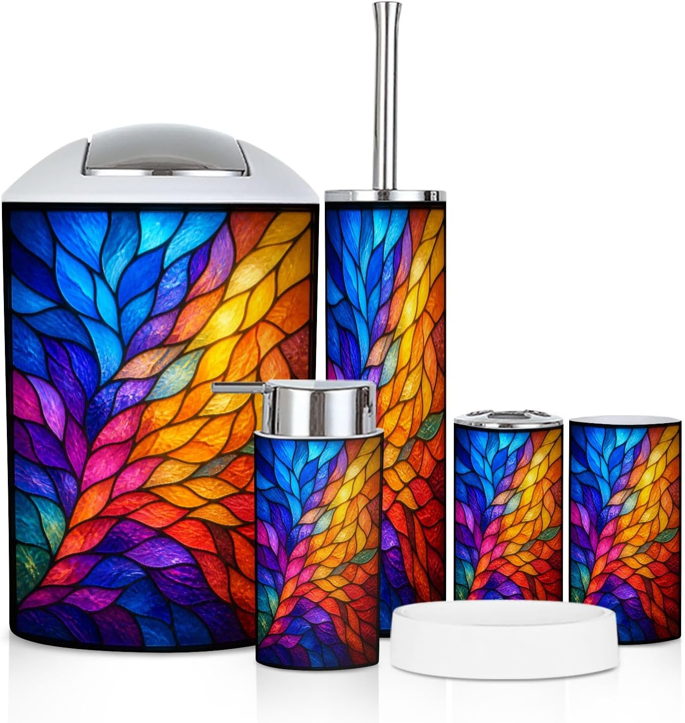 Bathroom Accessory Set 6PCS Colorful Stained Glass Effect Abstract Leaf Radiant Gradient Trash Can, Soap Dispenser, Toothbrush Holder, Toothbrush Cup, Toilet Brush Holder, Soap Dish for Gift