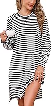 Litherday Women's Long-Sleeved Cotton Striped Sleep Shirt Crew Neck Sleepwear Autumn Winter Loungewear Nightgowns for Women Soft and Comfortable