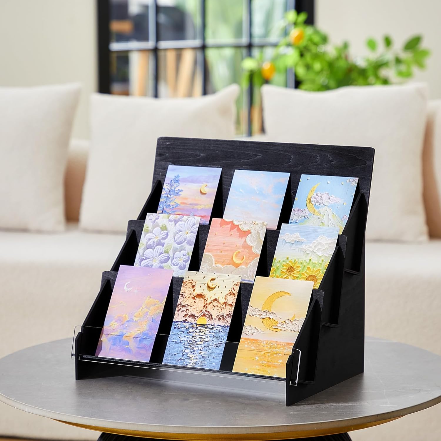Barydat Greeting Card Display Stand Wooden Greeting Card Holder Portable Sticker Display Stand Multipurpose Rack for Vendors Counter Tabletop(13.4 x 9.6 x 13.2 Inches,Black)