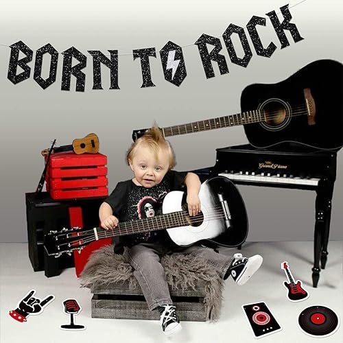 Miniatura 2 de Born to Rock - Banner con purpurina con guirnalda de notas musicales de los años 50, decoraciones de fiesta de rock and roll con temática musical