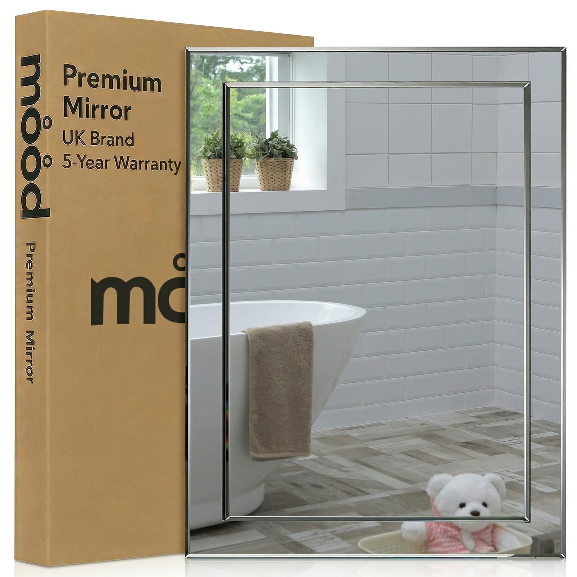 Neue Design Mood® Premium Rectangular Bathroom Mirror, Anti-Rust Wall Mounted Bevelled Frameless Mirrors, Hangs Both Ways, Double Layer of Glass, Toilet Bedroom Hallway, (60cm x 45cm)
