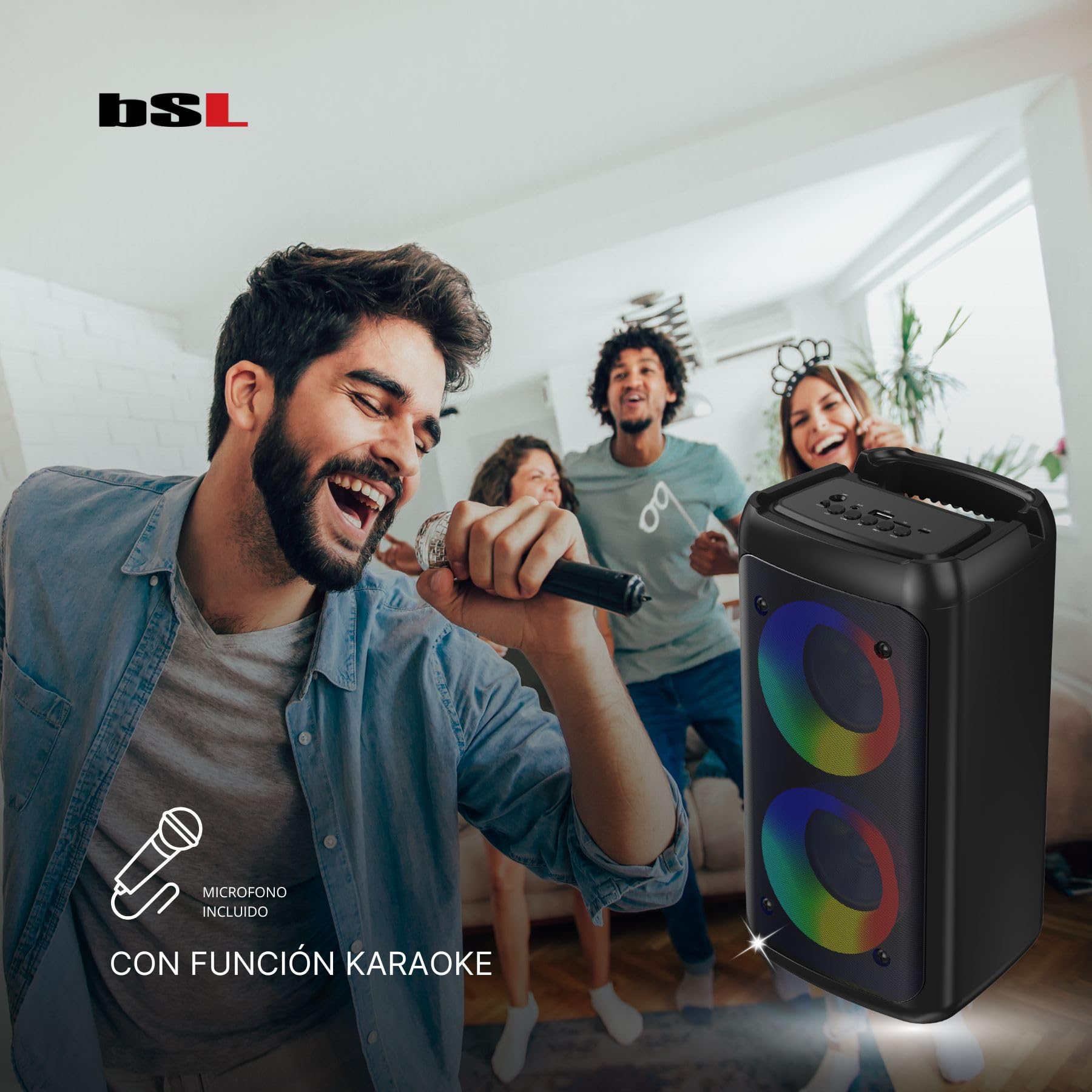 Altoparlante Bluetooth BSL-S21 con illuminazione sugli altoparlanti | 2 altoparlanti da 4 pollici | 20 W | Microfono in omaggio | Batteria da 2400 mAh | Lettore MP3 tramite USB | Ricarica USB-C