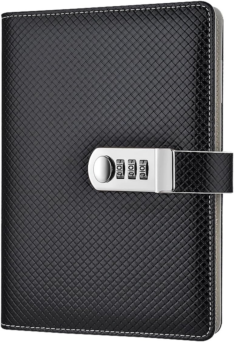 Ai-life PU Leather Password Notebook Writing Journal Diary Planner Organizer with Combination Lock, Knitting Style A5 Size(210x145mm) Wire Binding Lined Notepad with Coded Lock, Pen Holder