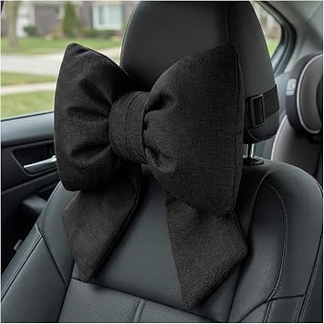 Cute Bow Car Headrest Pillow, Soft Comfortable Bow Auto Seat Pillow with Adjustable Strap, Breathable Ergonomic Neck Support Cushion Bowtie Decoration for Most Vehicles Black