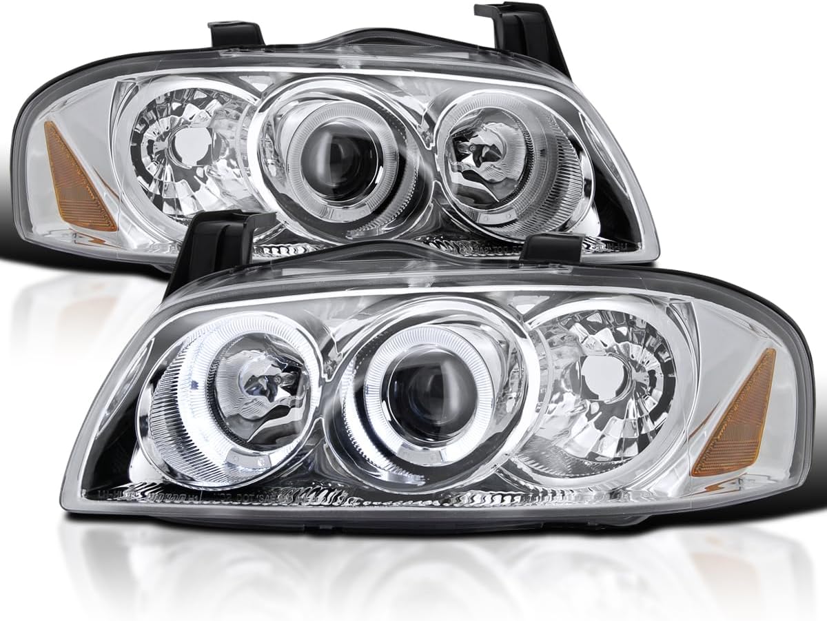 SPEC-D TUNING Dual Halo Glossy Piano Black Projector Headlights Compatible with 2004-2006 Nissan Sentra, Left + Right Pair Headlamps Assembly