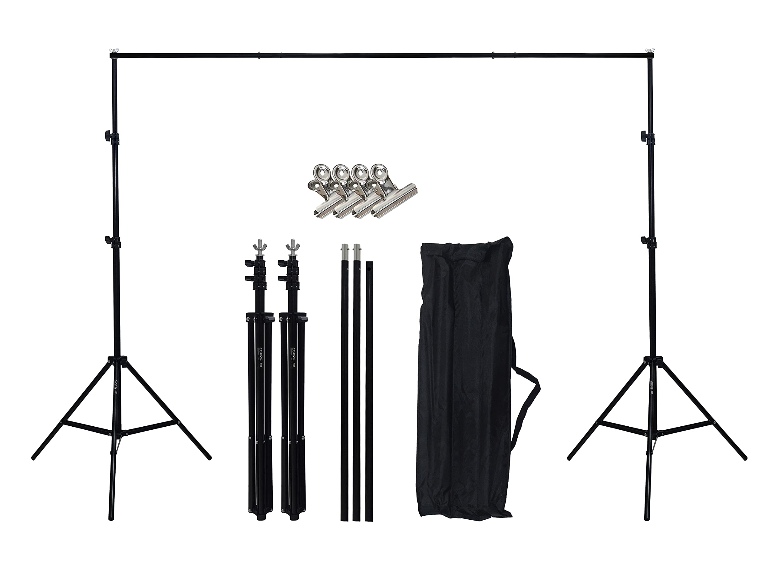COOPIC S02 2mX2m / 200cmX210cm Photo Video Studio Background stands Adjustable Photography Video Muslin Backdrop Support System Stand Set with 4Pcs Steel Clamps Clips and Carrying Case