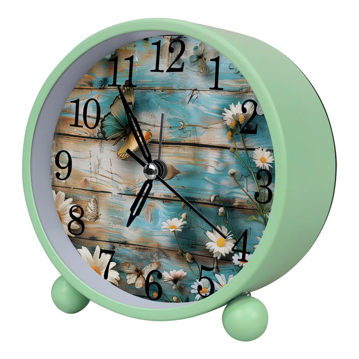 Luoweisi Alarm Clock Daisy Floral Butterfly on Rustic Teal Wooden, Silent Non-Ticking with Night Light