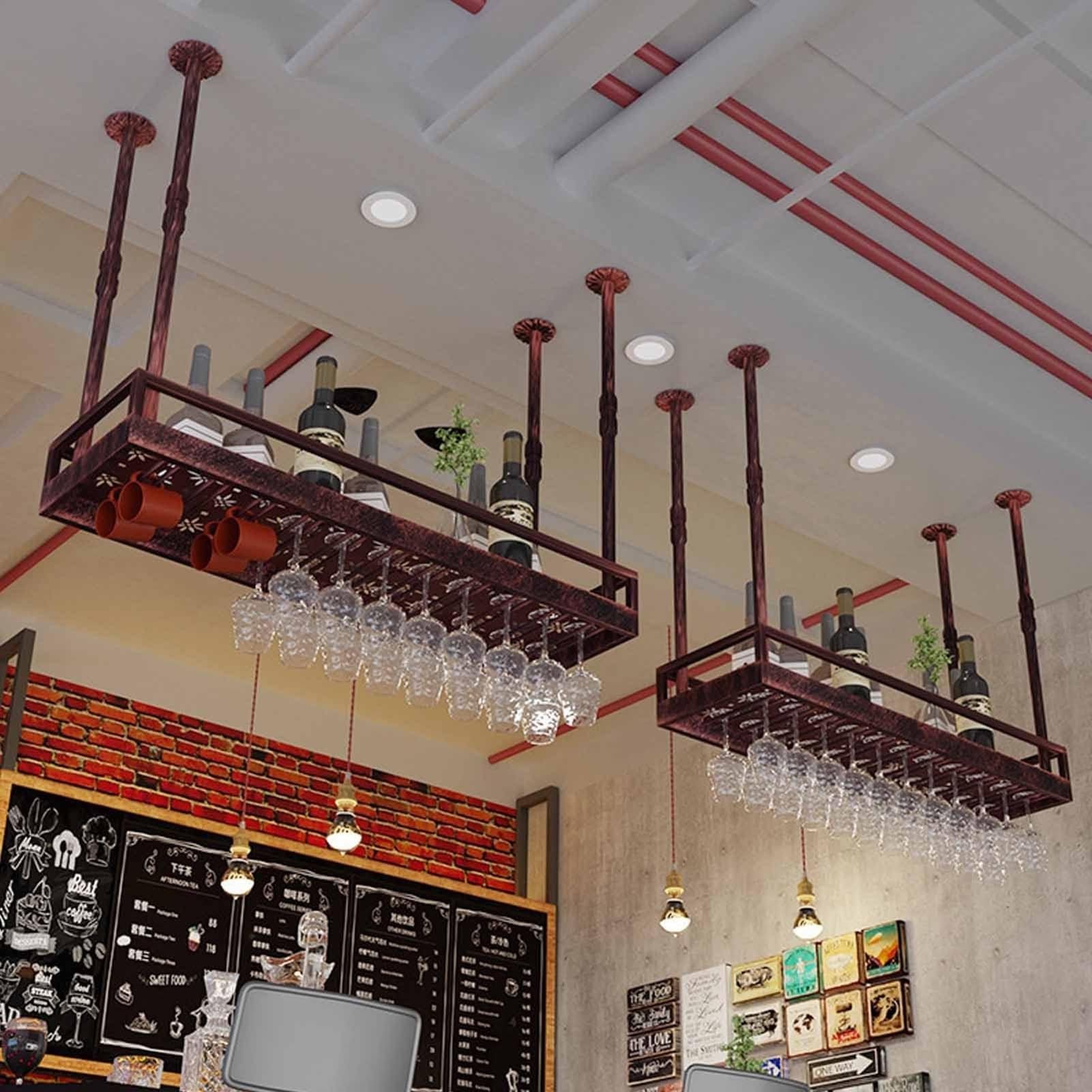 OOPDNEGAK Hanging Wine Rack - Ceiling Floating Shelves, Wrought Iron Plant Stand, Kitchen Storage Shelf, Wall Mount Decoration Rack, Ceiling Mount Display Shelf/Flower Stand(A,100 * 30CM)