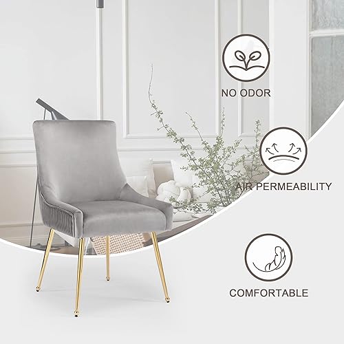 Miniatura 6 de Juego de 2 sillas de comedor modernas con patas de metal dorado, silla de cocina tapizada de terciopelo, respaldo plisado, silla decorativa de