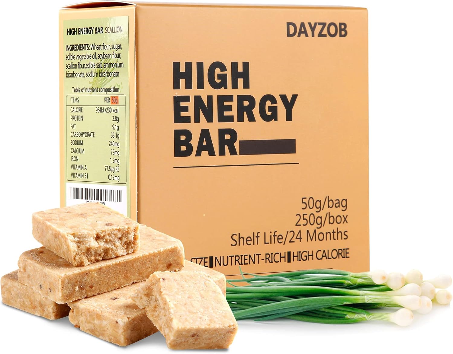 DAYZOB Food Rations, Emergency Food Rations, Scallion Flavor Rations Emergency 1100 Calories Survival Rations for Disaster Kits 250g (5 bars)