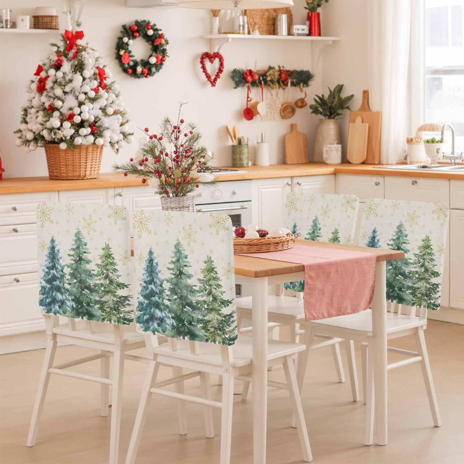 Green Christmas Tree 4 Packs Dining Chair Back Cover, Green Xmas Tree Snowflake Rustic Decorative Kitchen Dinner Chair Seat Covers Chair Slip Covers, Slipcovers Protect for Dinning Room