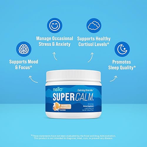 Miniatura 3 de Nello Supercalm - Mezcla de bebida en polvo, crema de naranja, L teanina, Ksm-66 Ashwagandha, glicinato de magnesio, vitamina D 3, suplementos para