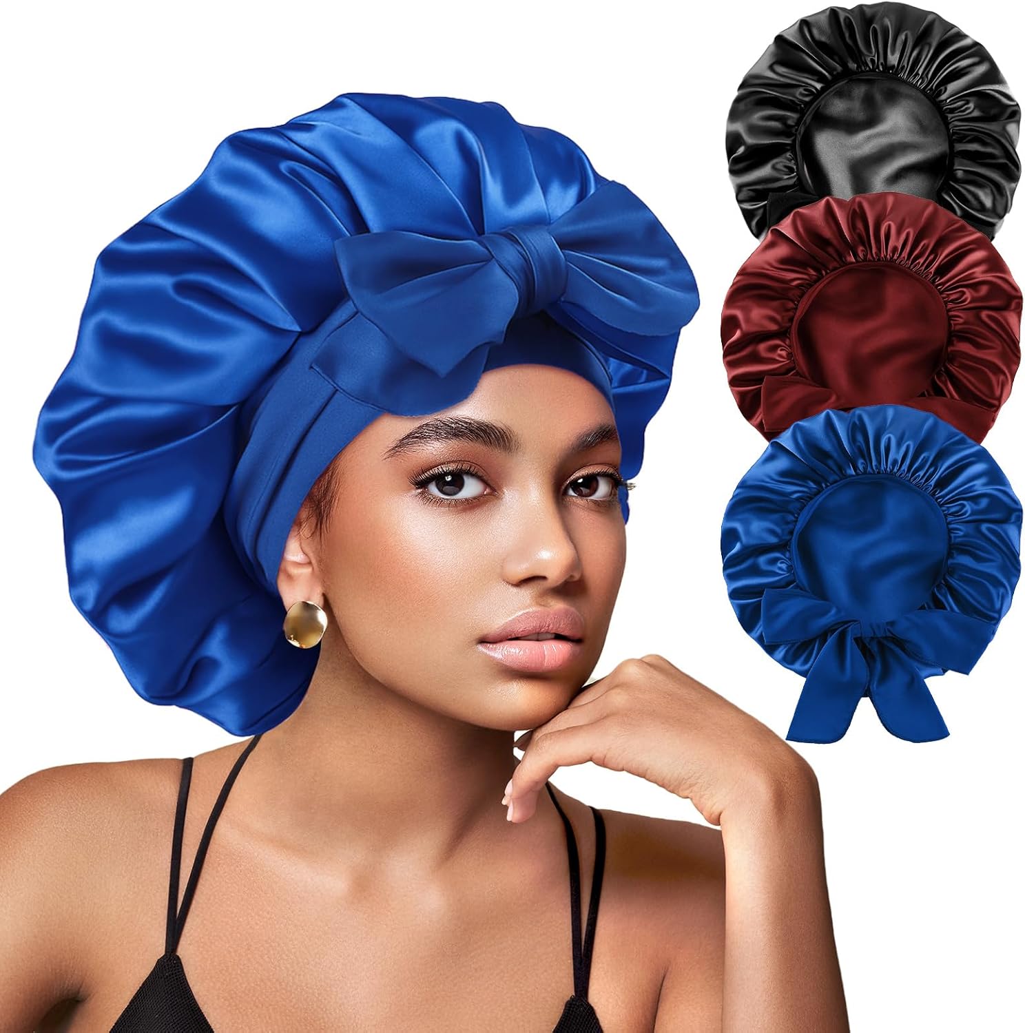 Yanideer 3 pcs Satin Bonnet Silk Bonnet for Sleeping Double Layer Satin Lined Hair Bonnet with Tie Band for Women Curly Hair
