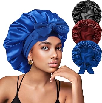 Yanideer 3 pcs Adjustable Satin Bonnets for Sleeping Double Layer Satin Lined Hair Bonnet with Tie Band for Women Curly Hair